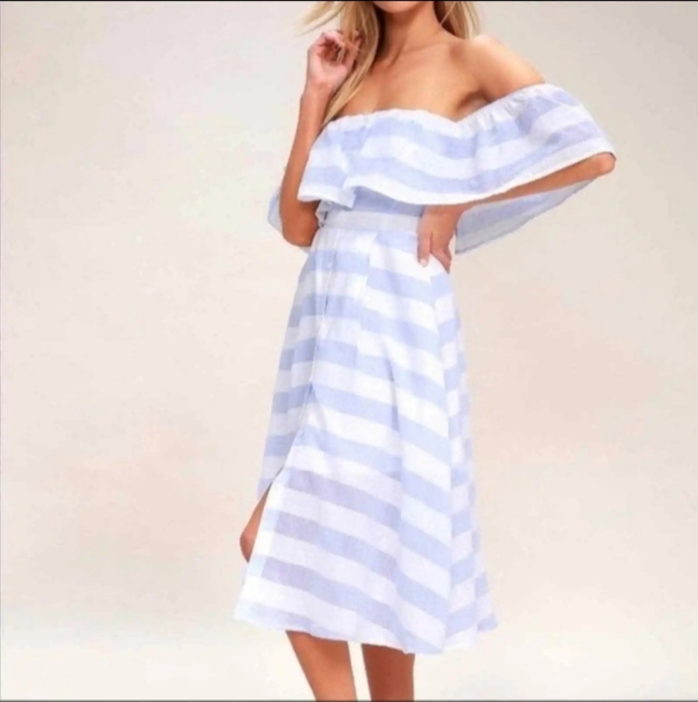 Lulus- Stripe Off/ On Shoulder Button Down Dress-M - image 5